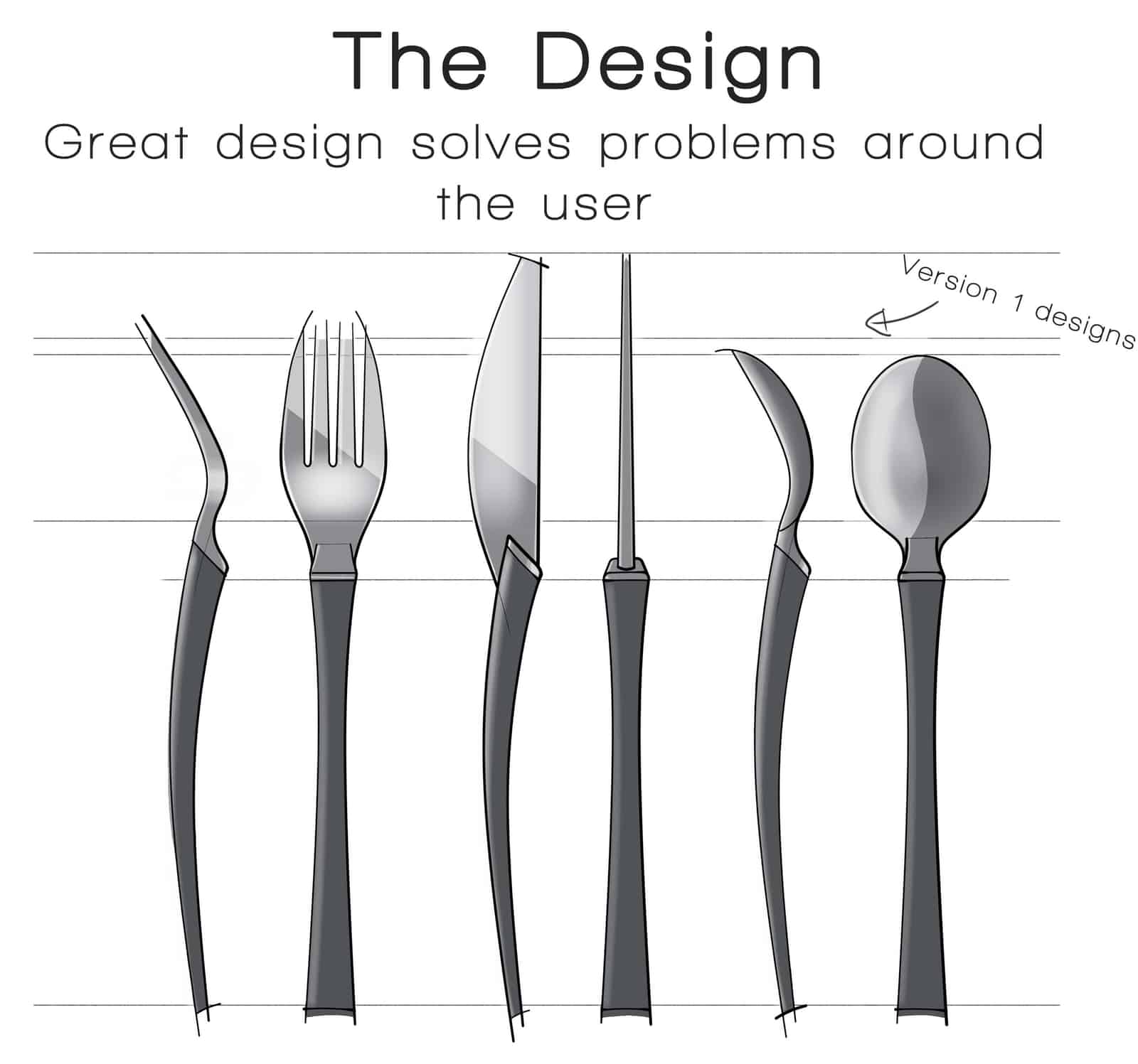 Technical design sketches of the Floatware fork, knife and spoon
